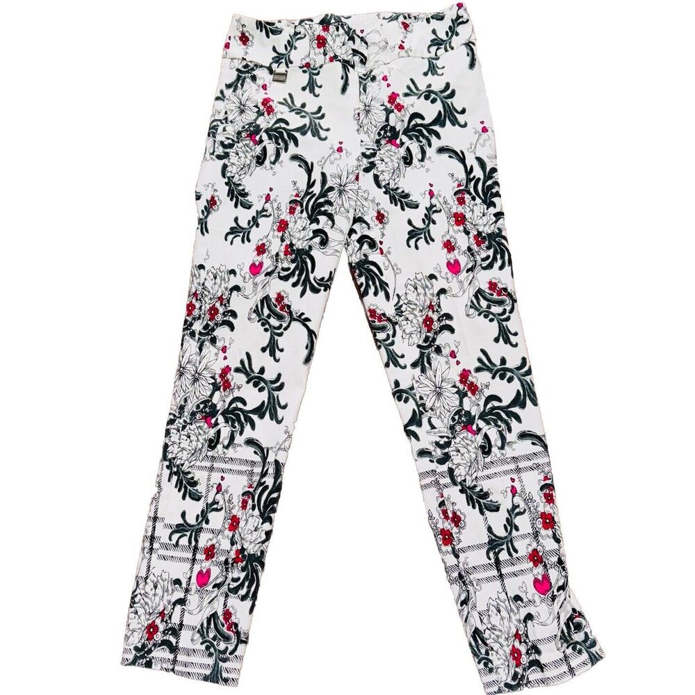 Lisette-L Montreal Floral Pattern Women White Black Red Pull On Casual Pants 8